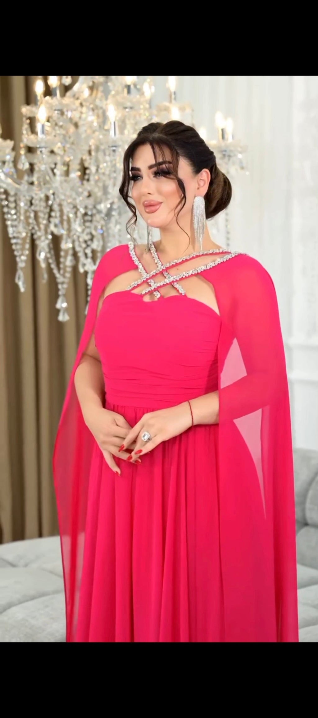 Chiffon Cape Gown with Rhinestone