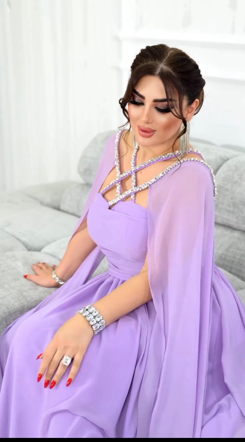 Chiffon Cape Gown with Rhinestone
