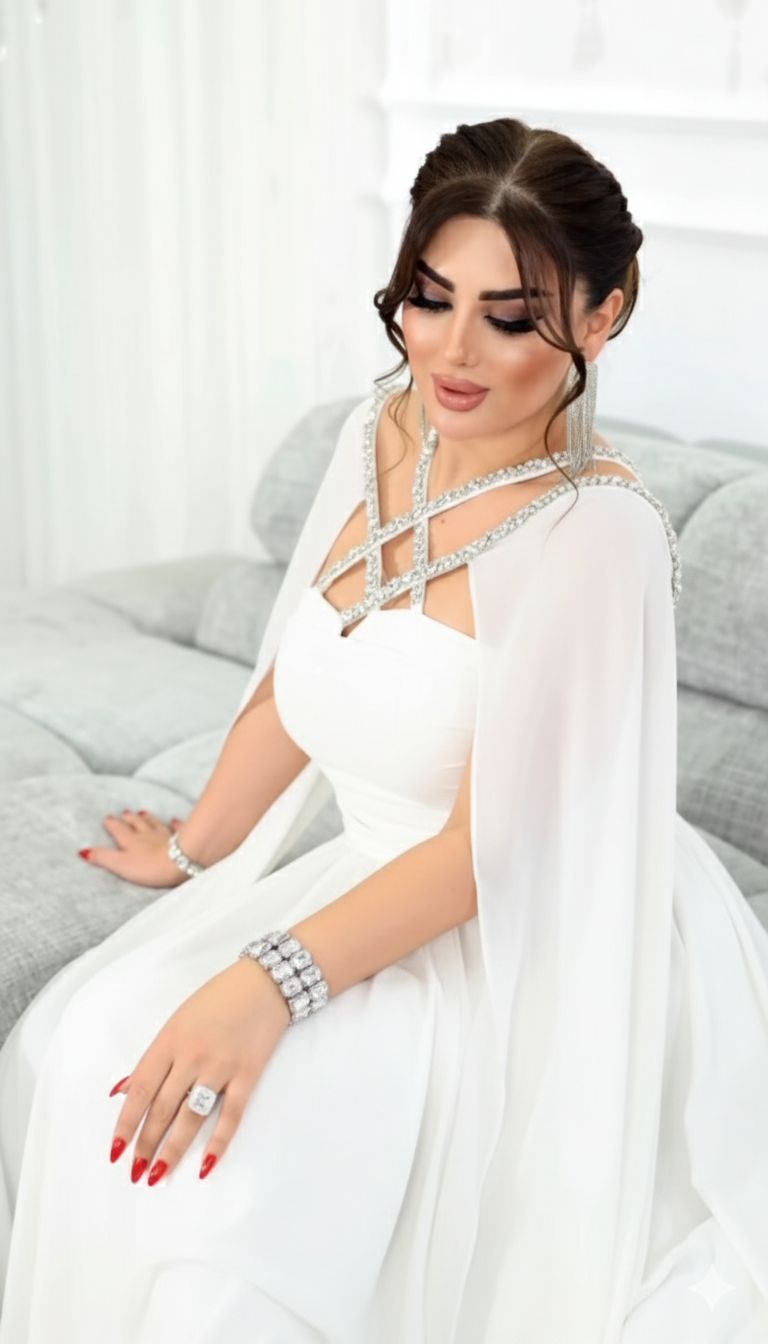 Chiffon Cape Gown with Rhinestone