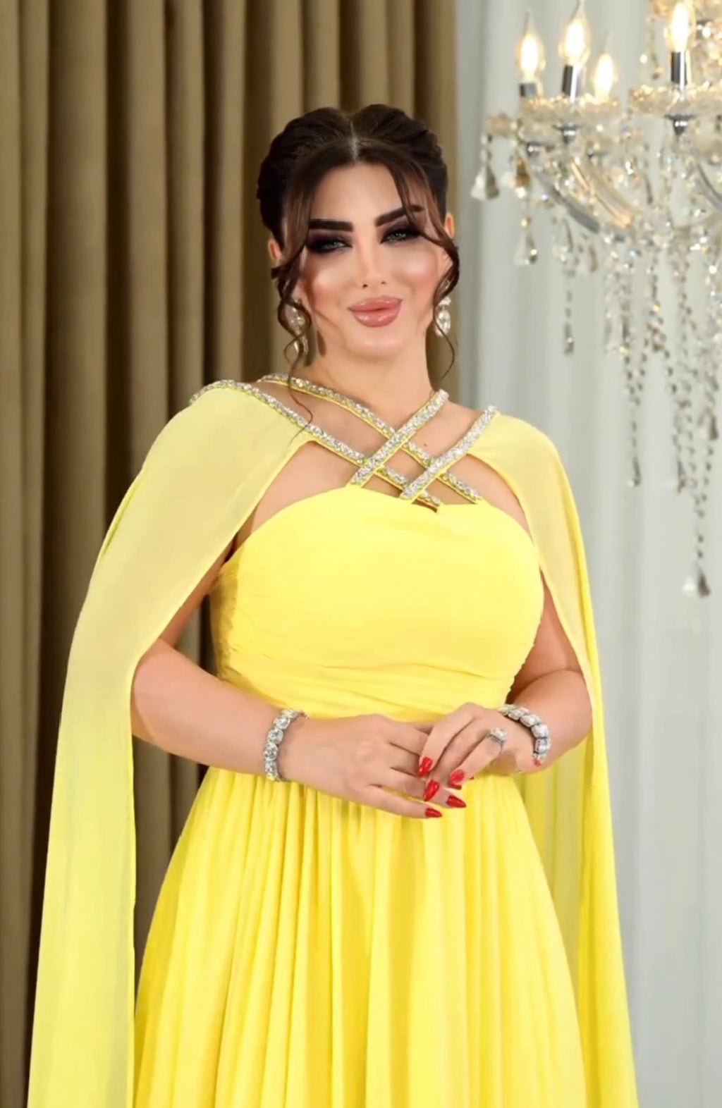 Chiffon Cape Gown with Rhinestone