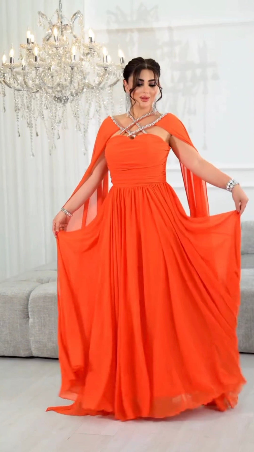 Chiffon Cape Gown with Rhinestone