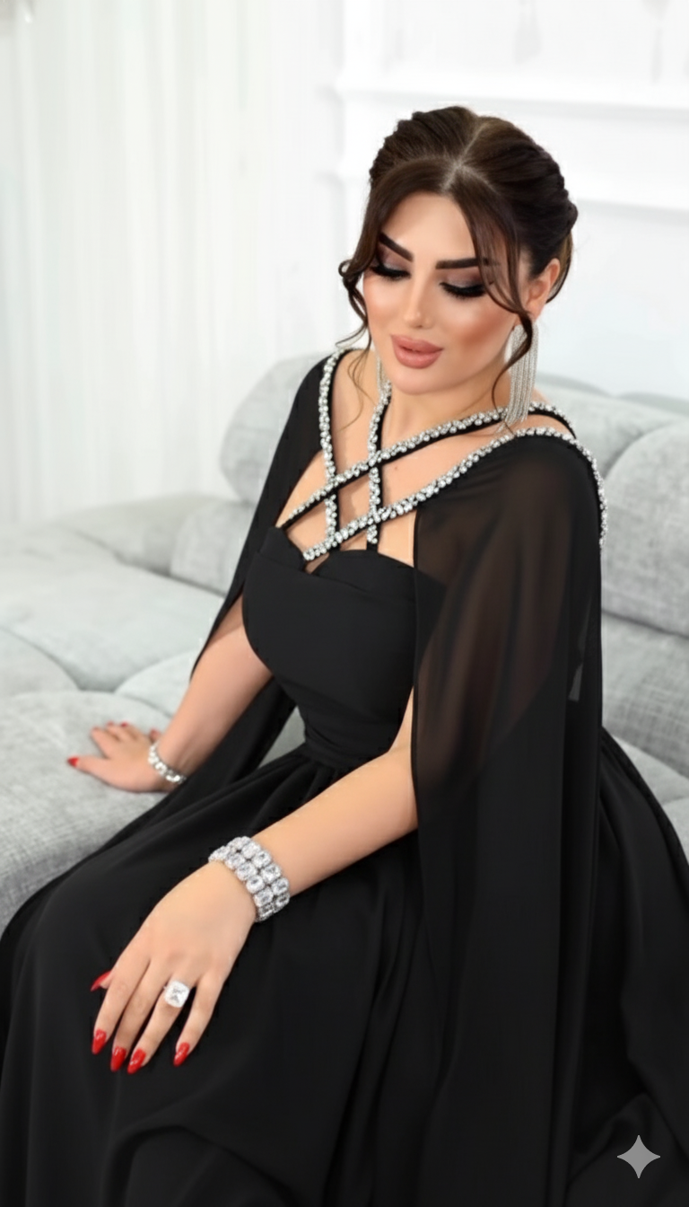 Chiffon Cape Gown with Rhinestone