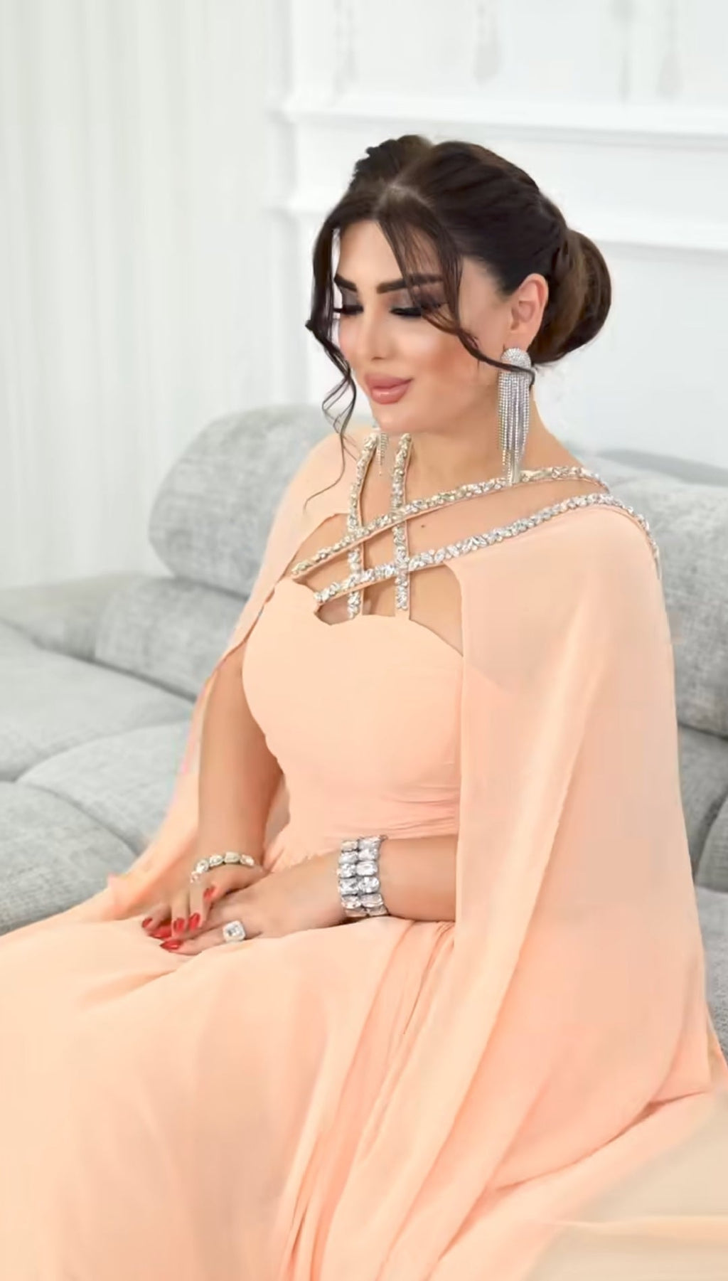 Chiffon Cape Gown with Rhinestone
