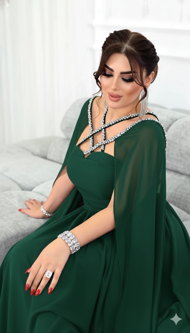 Chiffon Cape Gown with Rhinestone