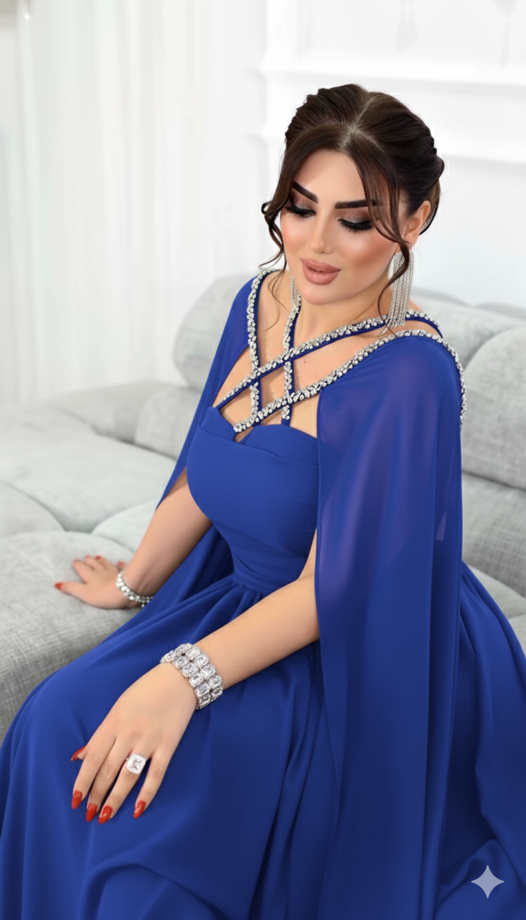 Chiffon Cape Gown with Rhinestone
