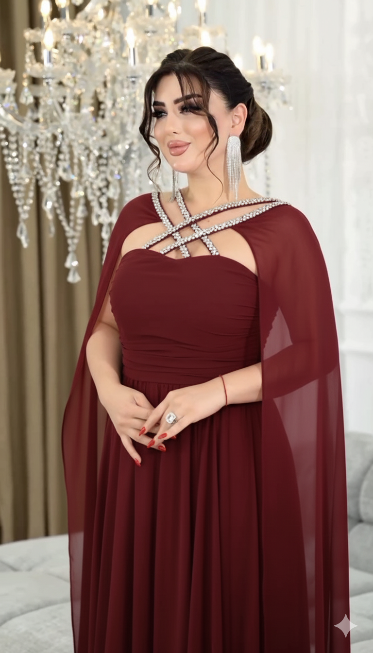 Chiffon Cape Gown with Rhinestone
