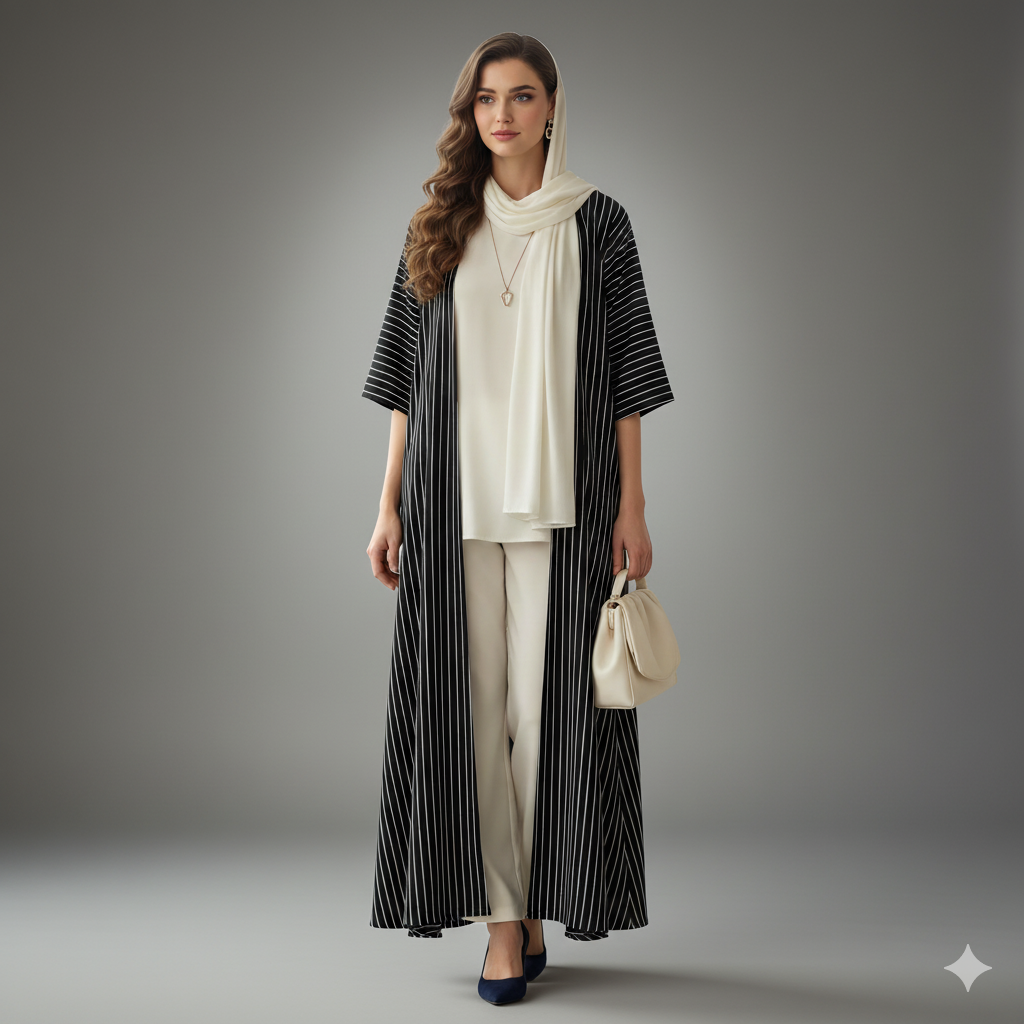 Black Digital Printed Abaya 3 Pcs Set