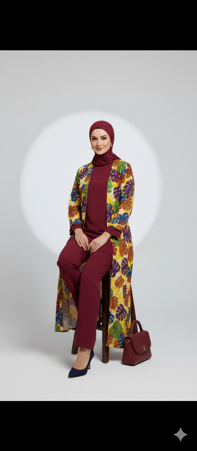 Maroon Digital Printed Abaya 3 Pcs Set