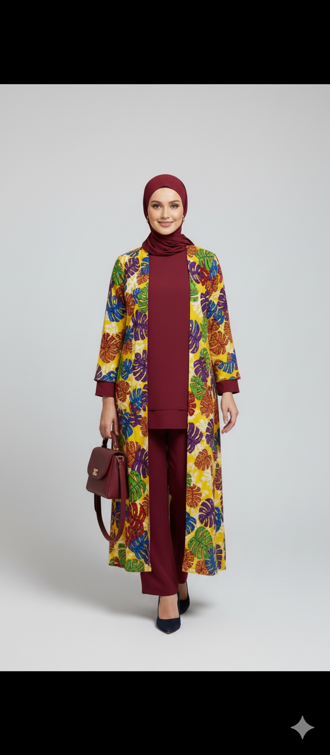 Maroon Digital Printed Abaya 3 Pcs Set