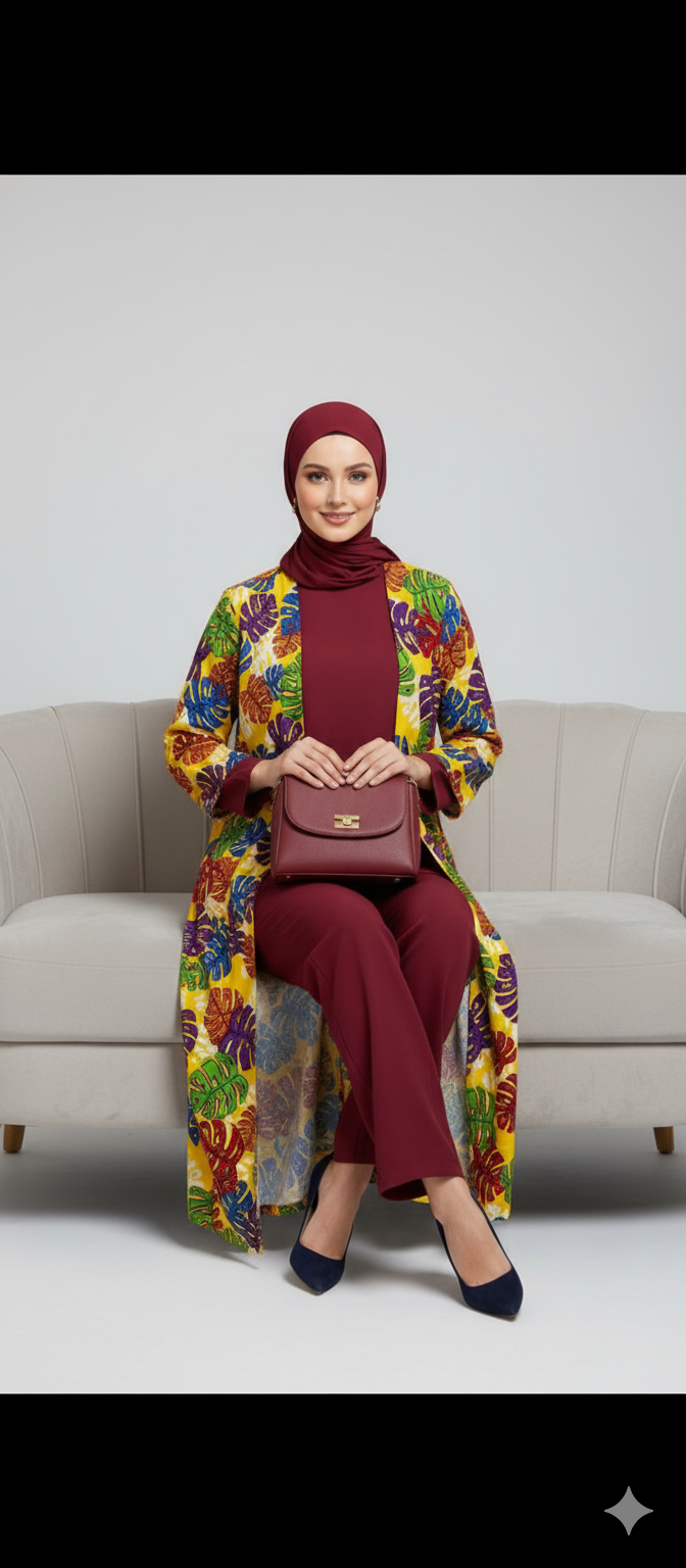Maroon Digital Printed Abaya 3 Pcs Set