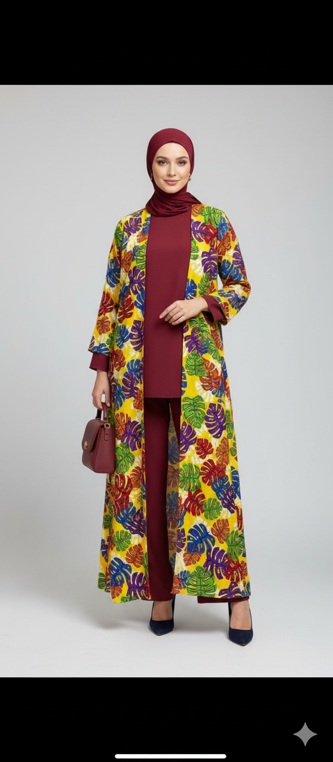 Maroon Digital Printed Abaya 3 Pcs Set