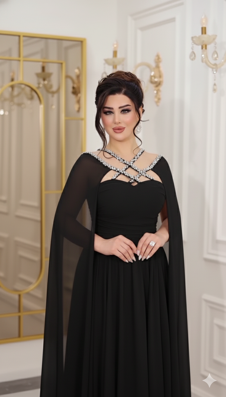 Chiffon Cape Gown with Rhinestone