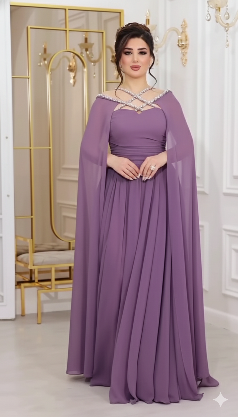 Chiffon Cape Gown with Rhinestone