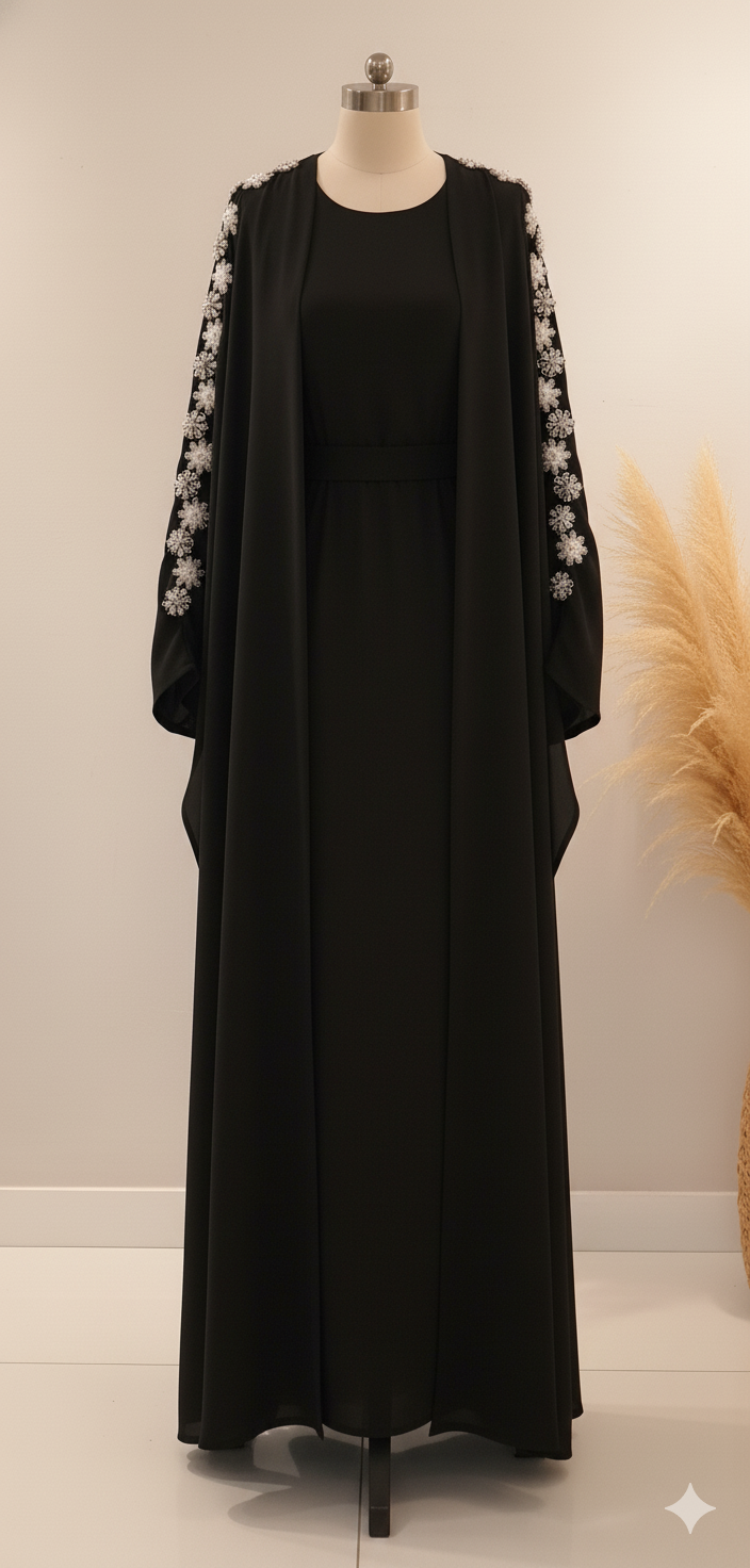 Minimalist Embroidery Detail Abaya 2 Pc Set