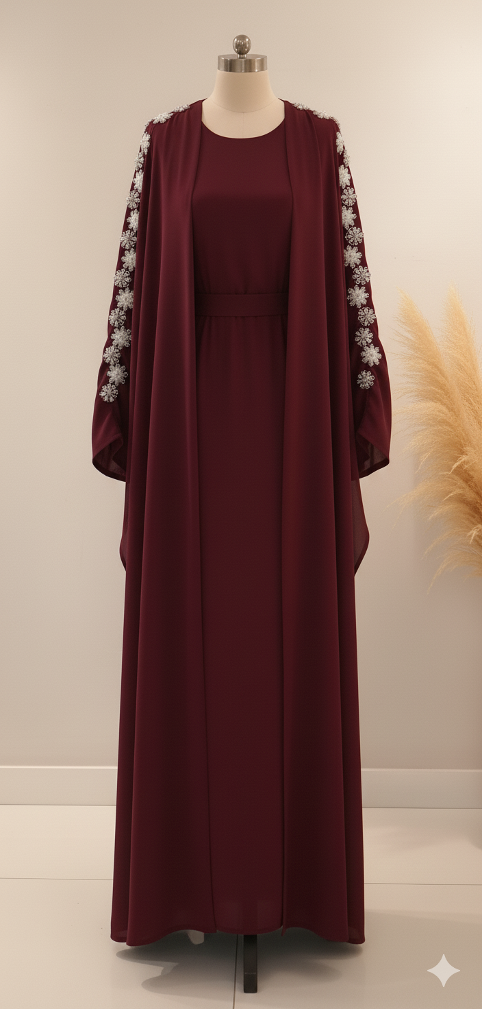 Minimalist Embroidery Detail Abaya 2 Pc Set