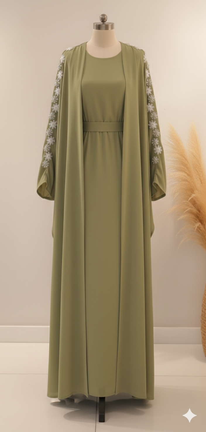 Minimalist Embroidery Detail Abaya 2 Pc Set