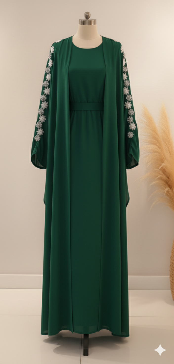 Minimalist Embroidery Detail Abaya 2 Pc Set