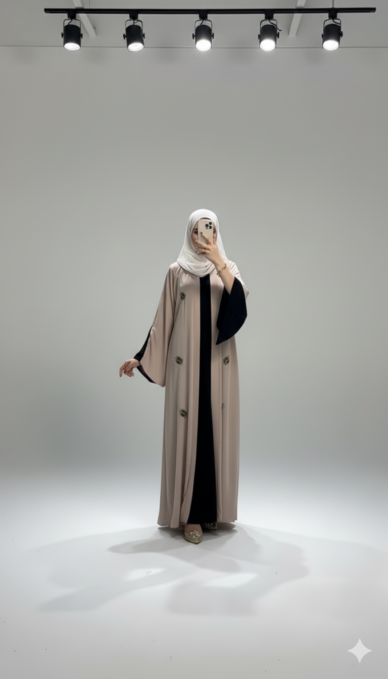 Two-Piece Contrast Abaya with Delicate Beadwork