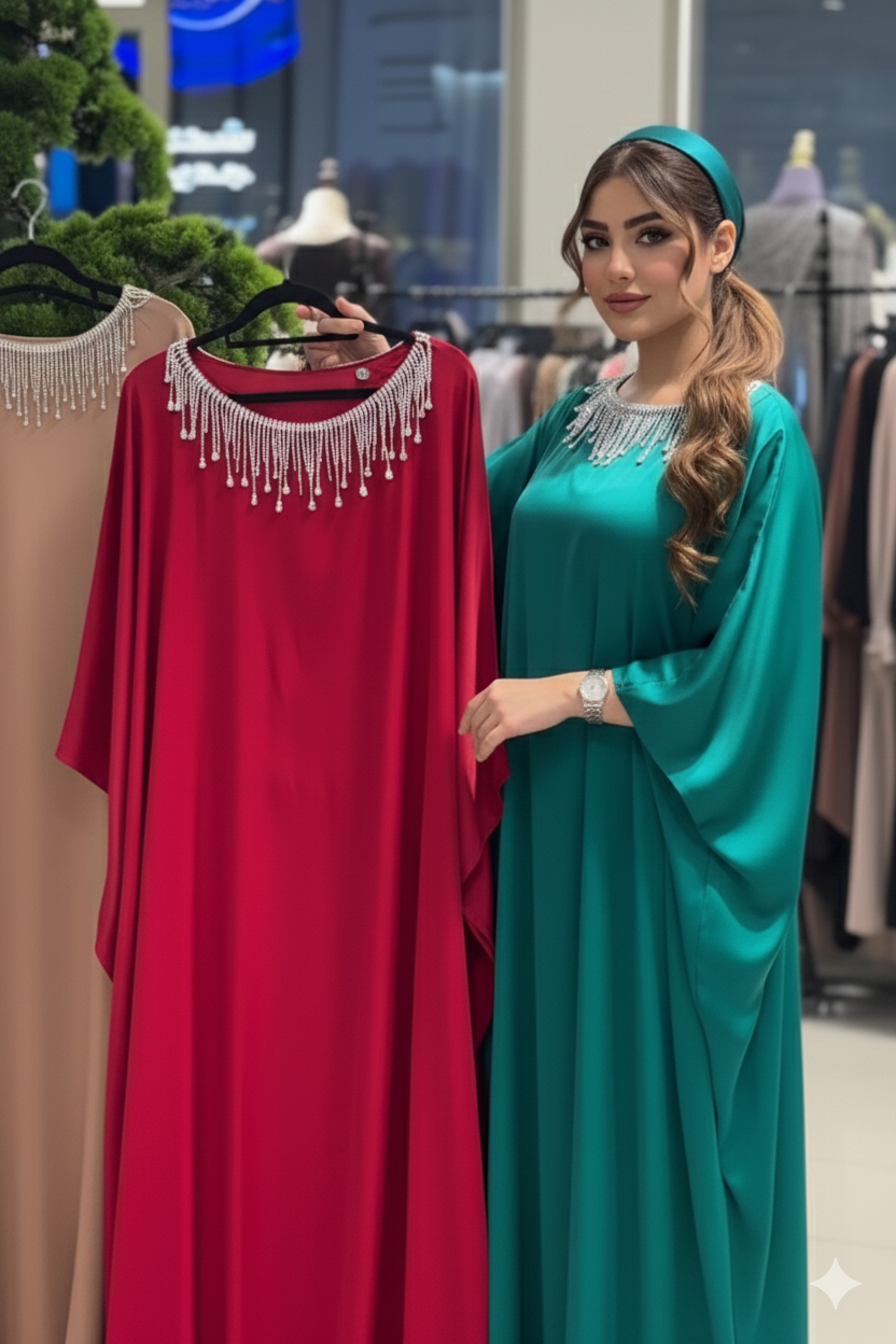 Dolman Sleeve Silk Kaftan with Crystal Trim