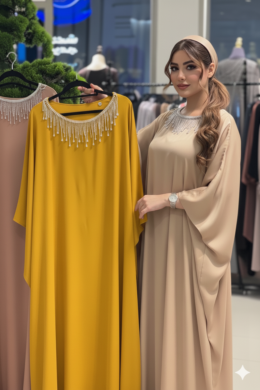 Dolman Sleeve Silk Kaftan with Crystal Trim