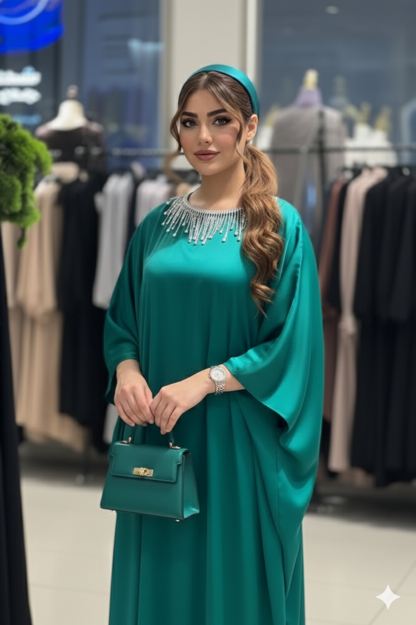 Dolman Sleeve Silk Kaftan with Crystal Trim