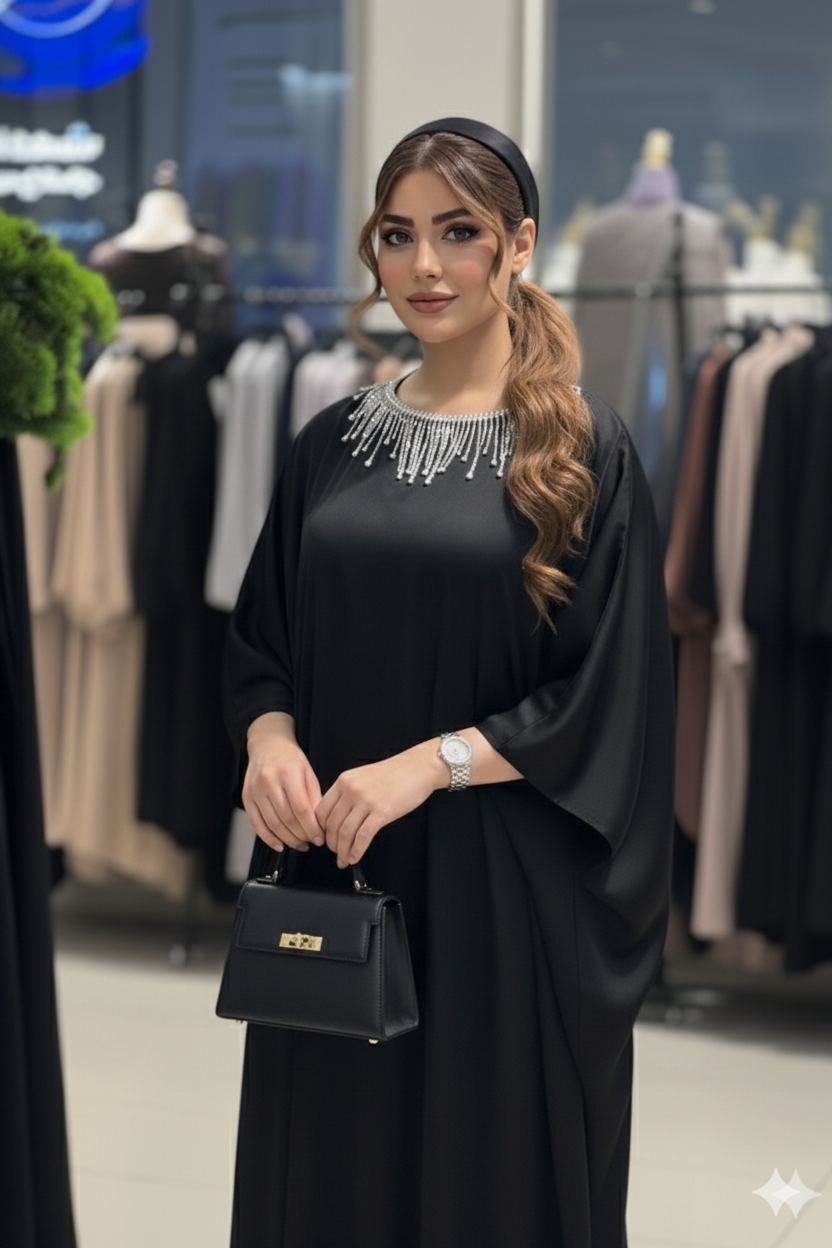 Dolman Sleeve Silk Kaftan with Crystal Trim