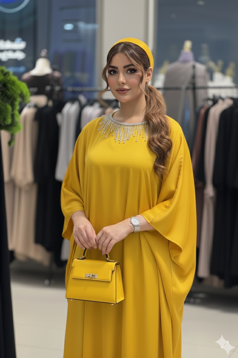 Dolman Sleeve Silk Kaftan with Crystal Trim