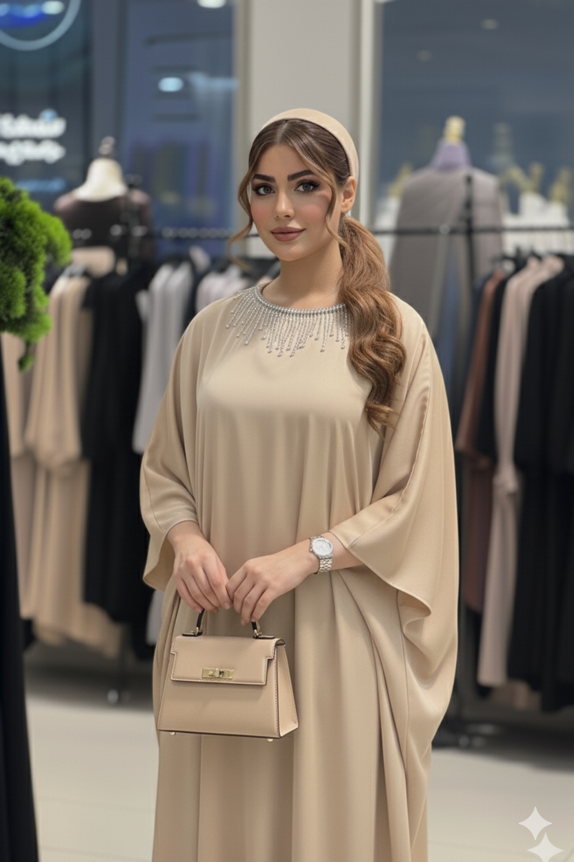 Dolman Sleeve Silk Kaftan with Crystal Trim