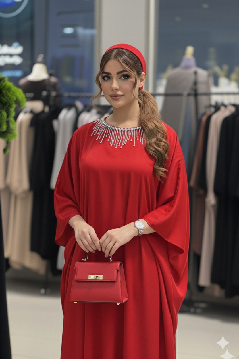 Dolman Sleeve Silk Kaftan with Crystal Trim