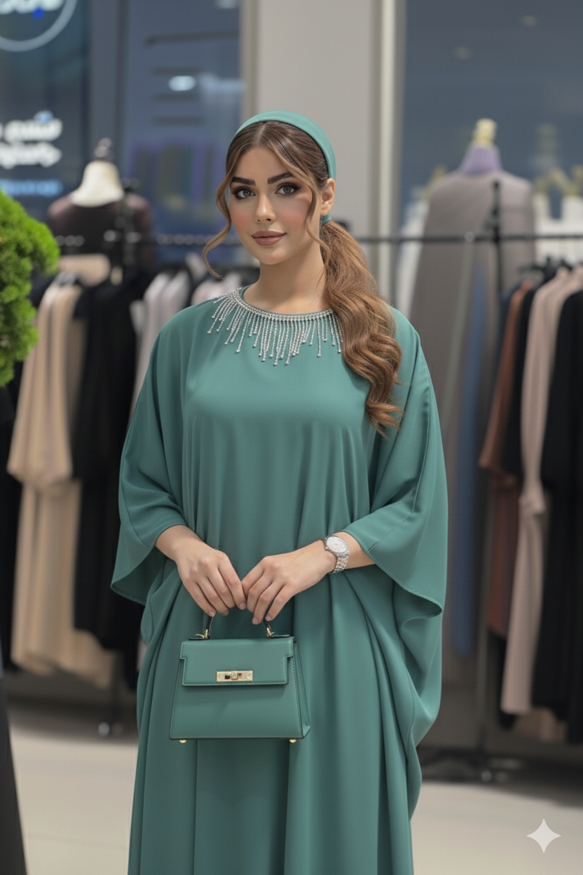 Dolman Sleeve Silk Kaftan with Crystal Trim