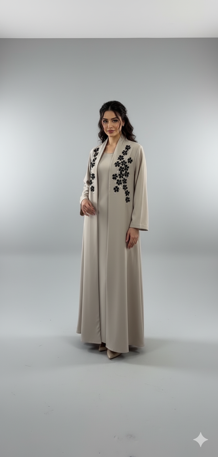 Black Blossom Detail Abaya 2 PC Set