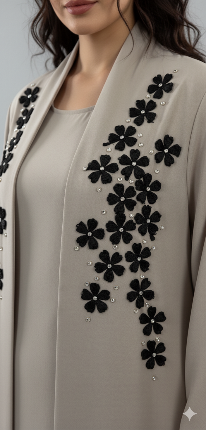 Black Blossom Detail Abaya 2 PC Set