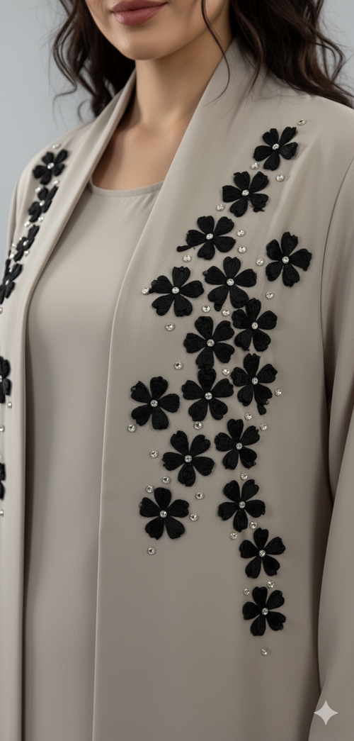 Black Blossom Detail Abaya 2 PC Set