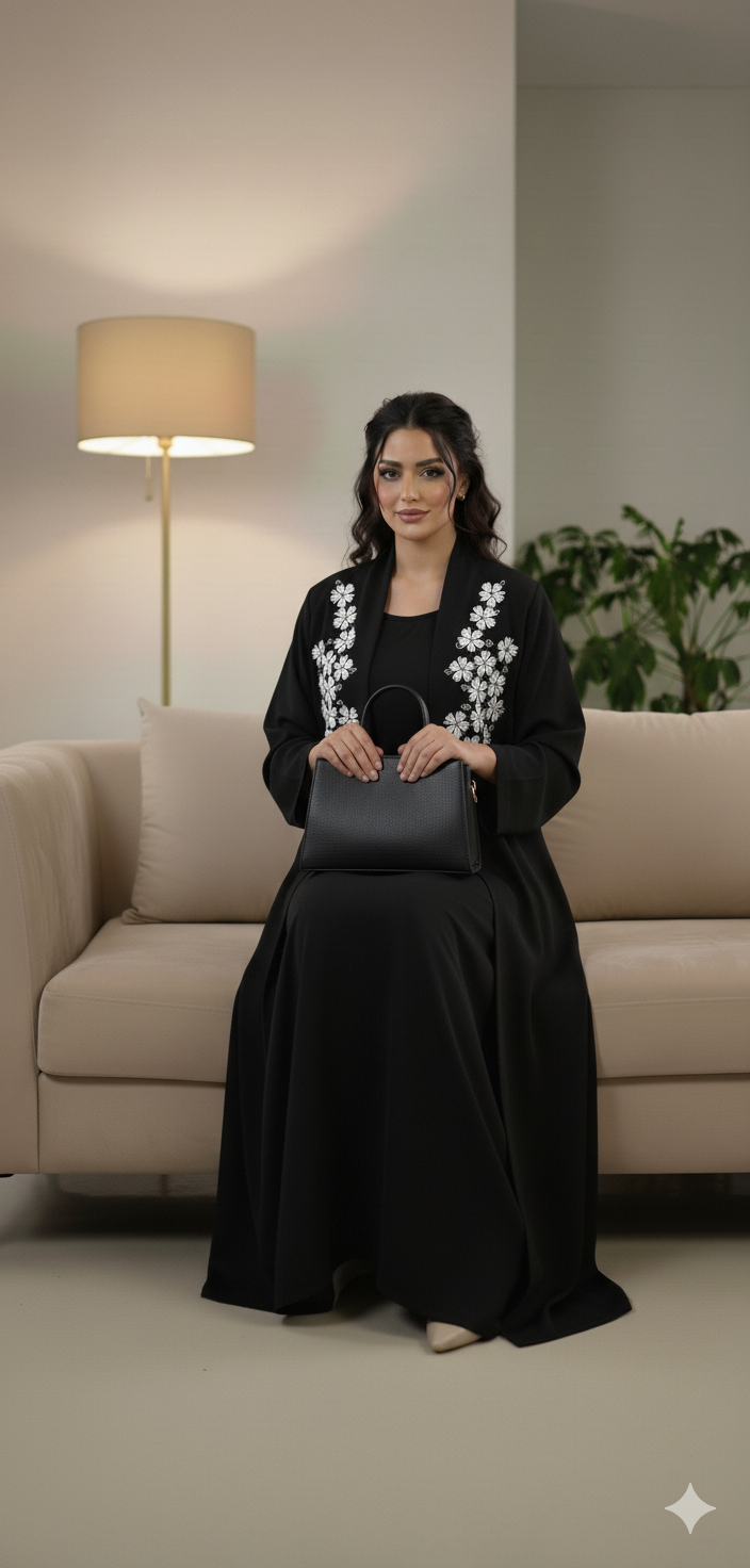 Black Blossom Detail Abaya 2 PC Set