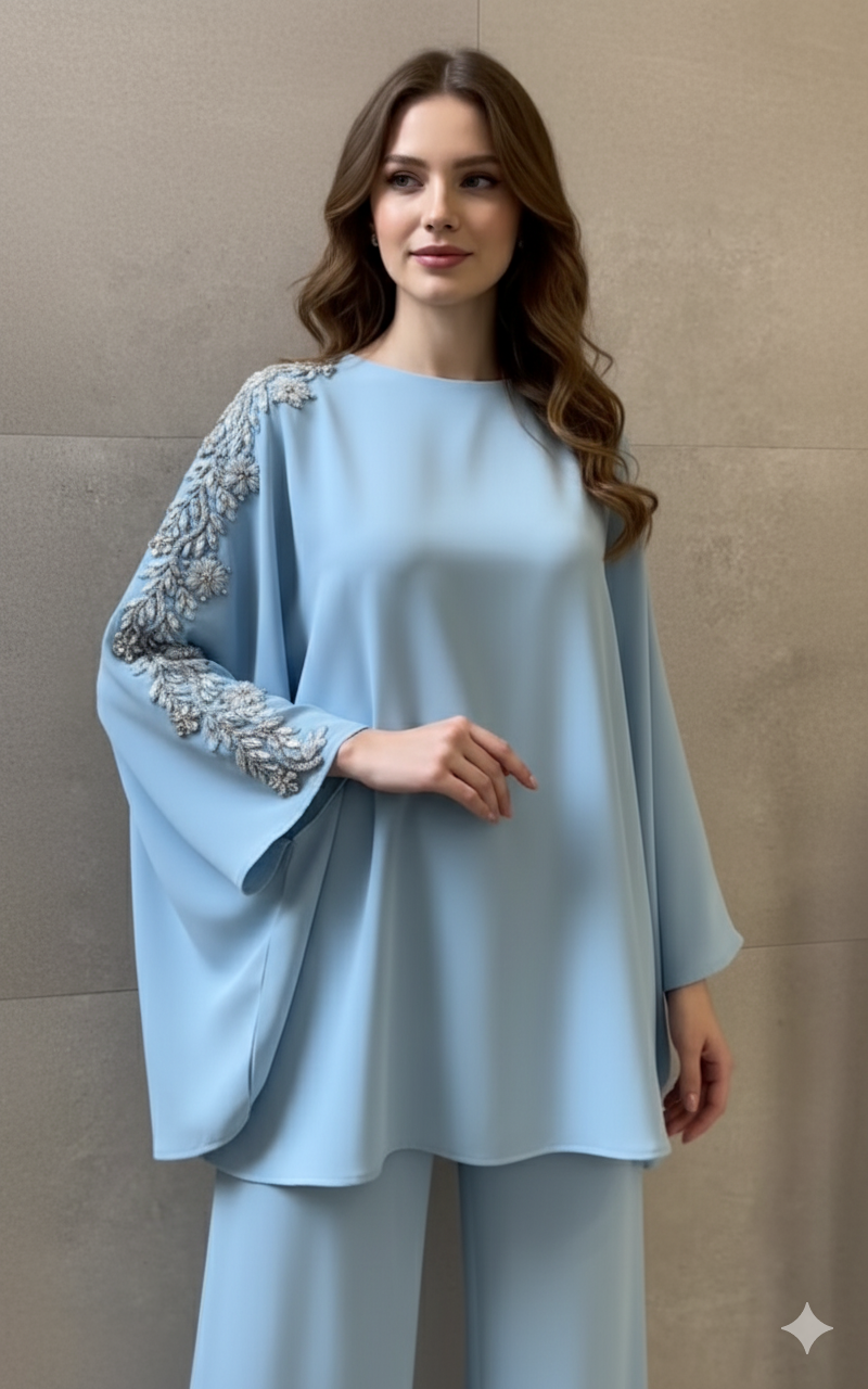 Two-Piece Co_rd Set with Elegant Leaf Embroidery