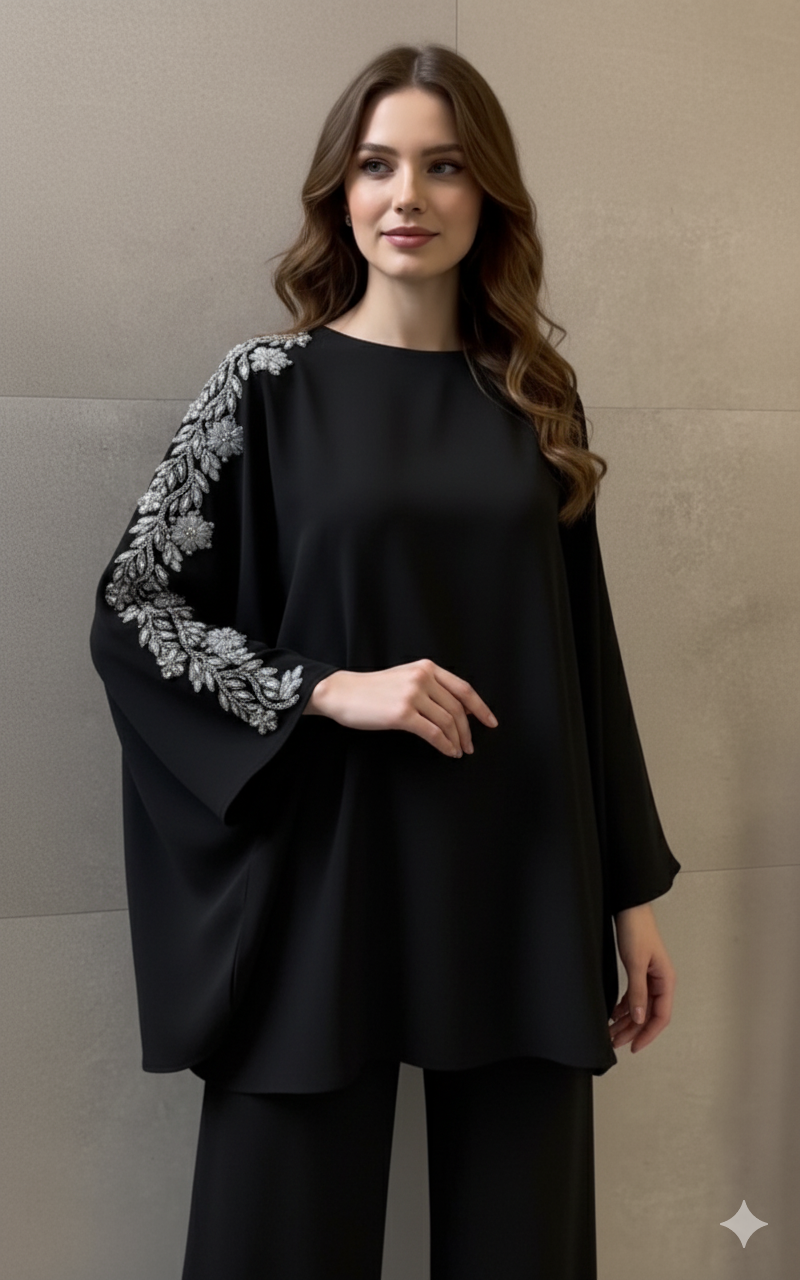 Two-Piece Co_rd Set with Elegant Leaf Embroidery