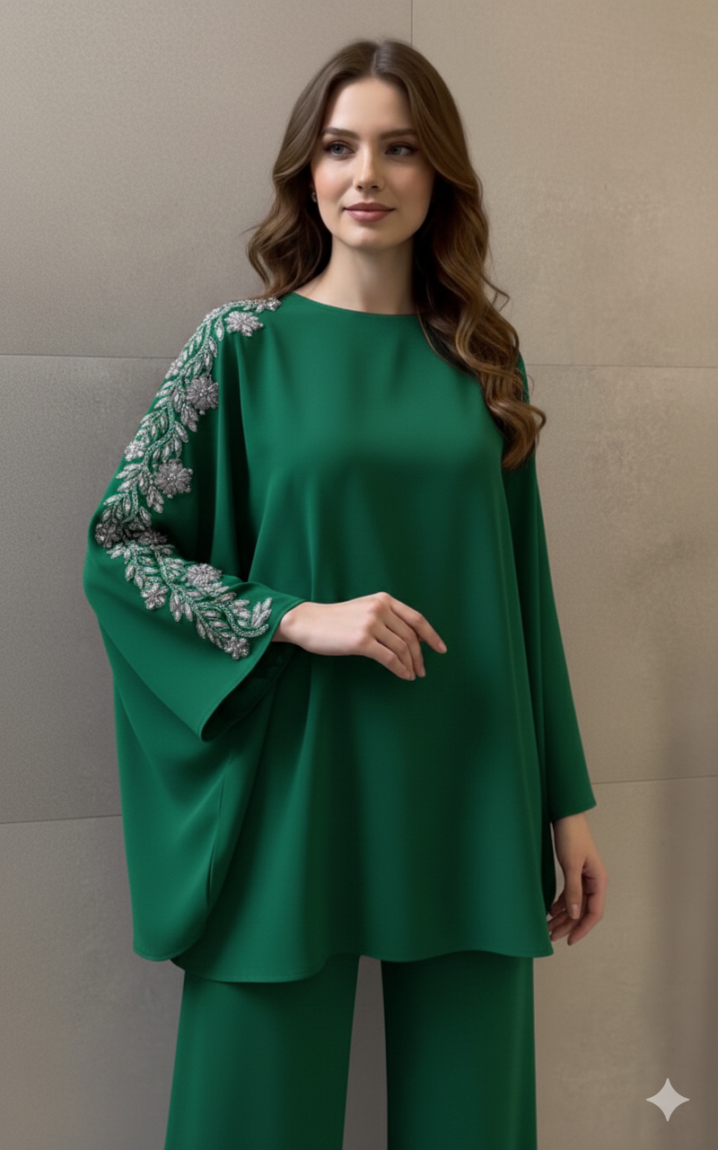 Two-Piece Co_rd Set with Elegant Leaf Embroidery