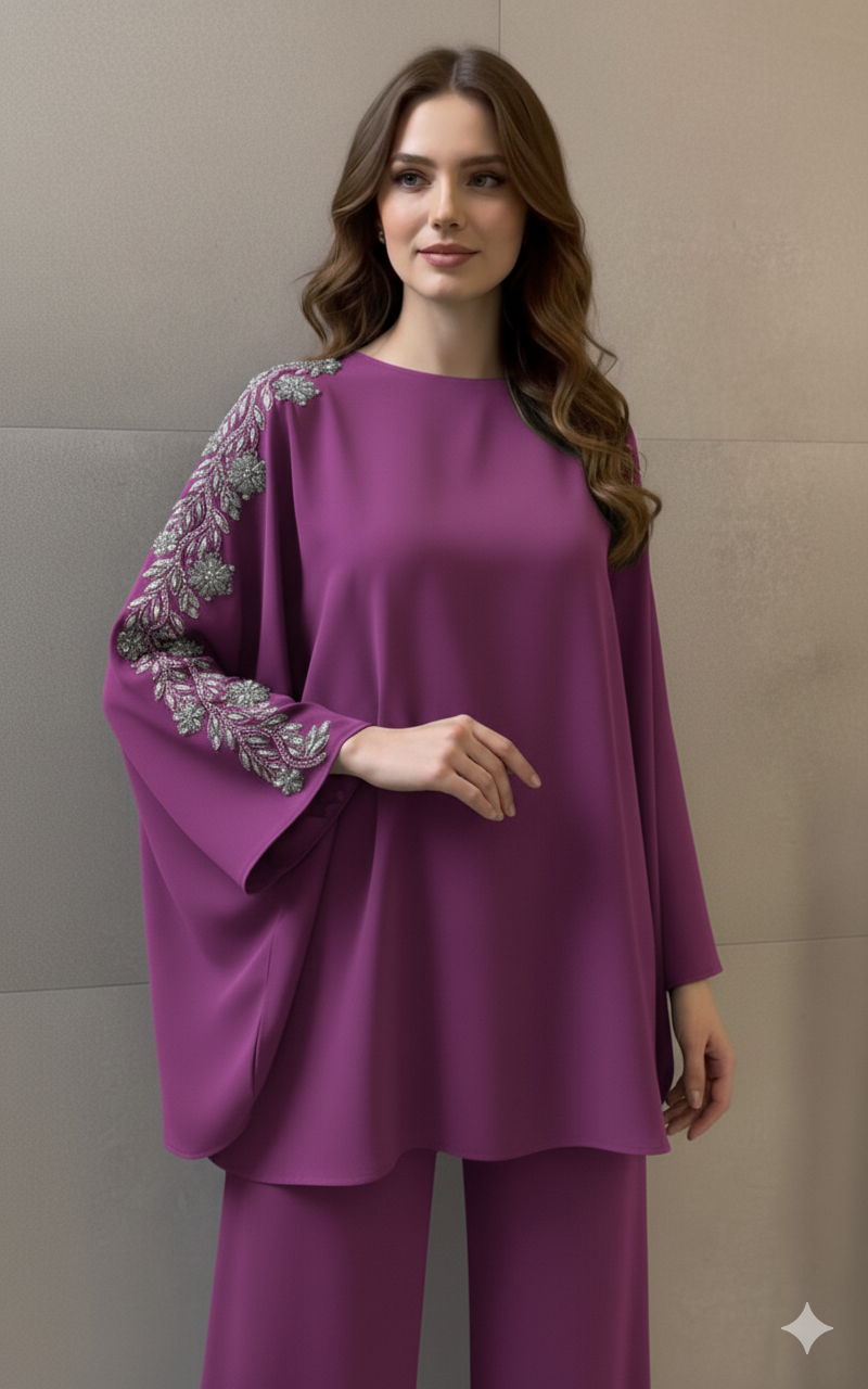 Two-Piece Co_rd Set with Elegant Leaf Embroidery