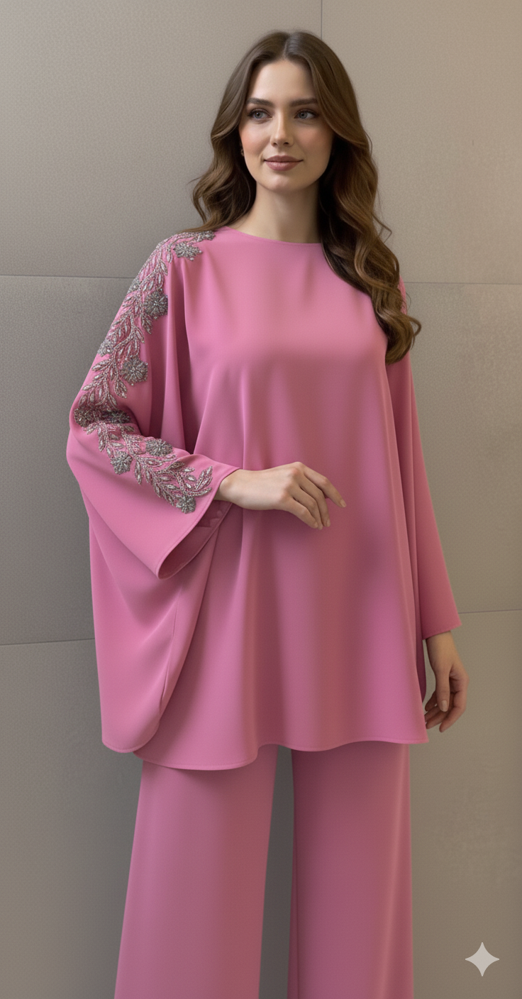 Two-Piece Co_rd Set with Elegant Leaf Embroidery