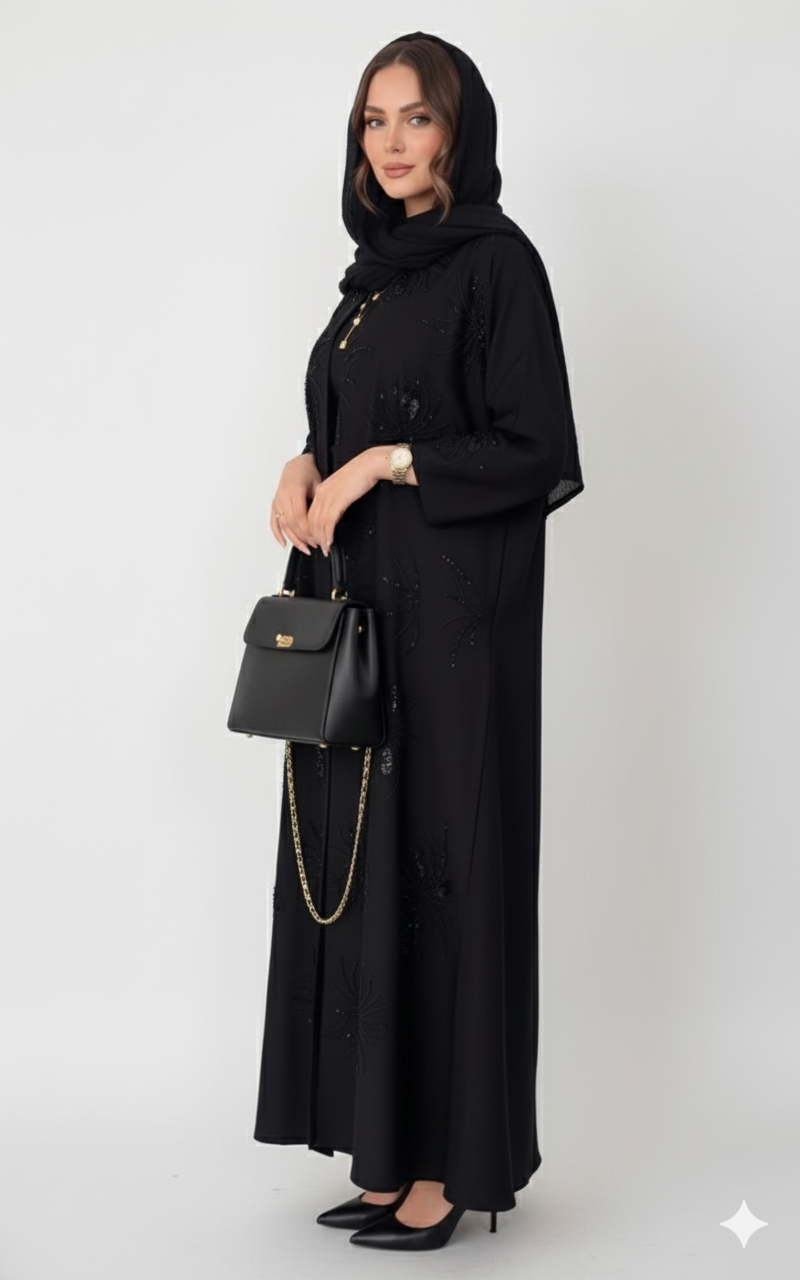 Modern Black Abaya with Detailed Embroidery (2 PC Set)