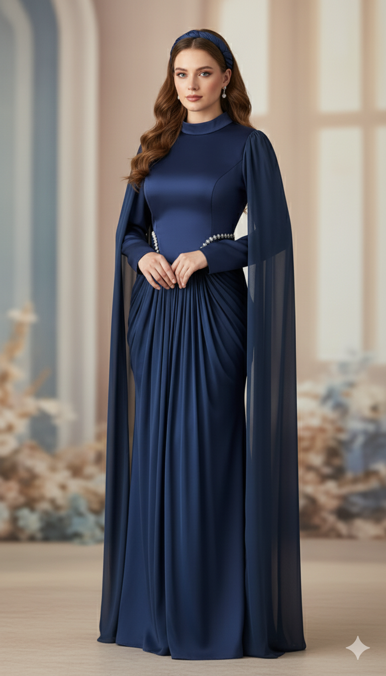 Silk Evening Gowns with Cape Sleeves