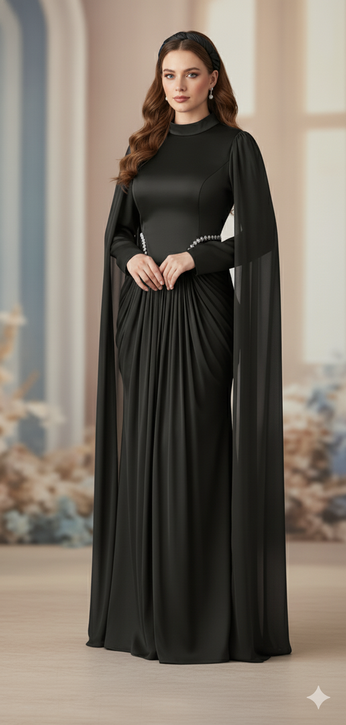 Silk Evening Gowns with Cape Sleeves
