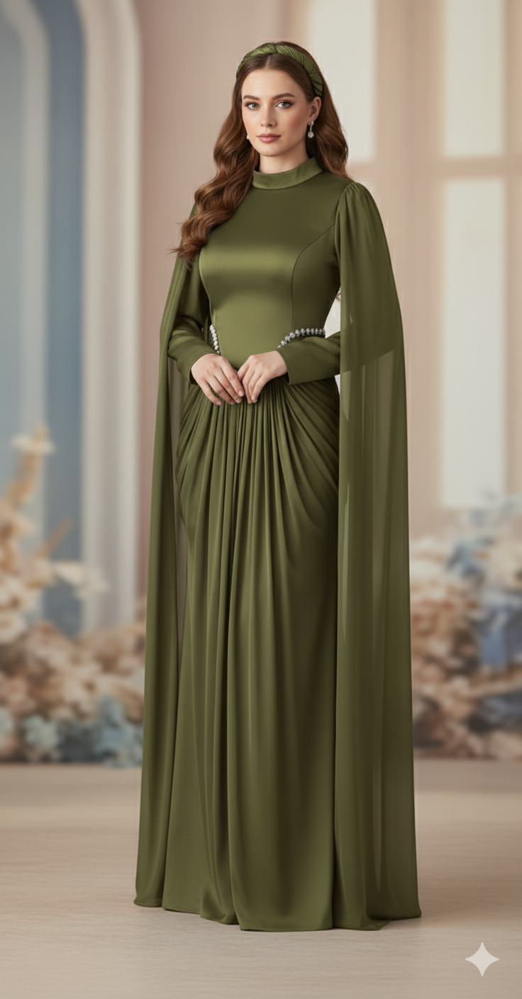 Silk Evening Gowns with Cape Sleeves