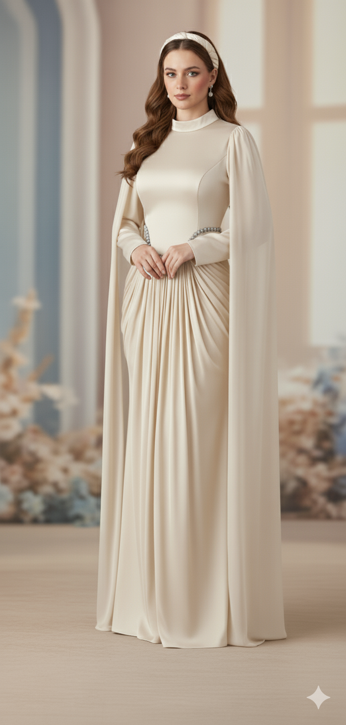 Silk Evening Gowns with Cape Sleeves