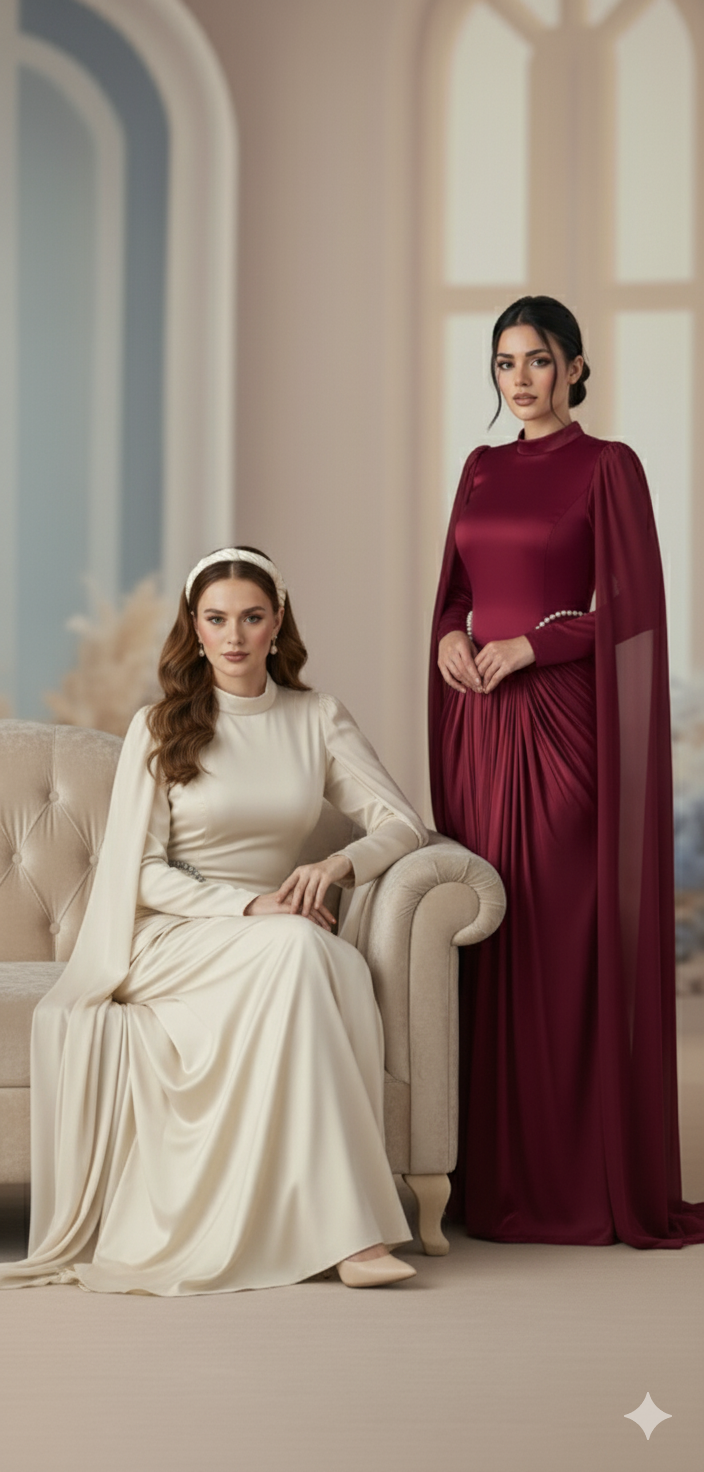 Silk Evening Gowns with Cape Sleeves