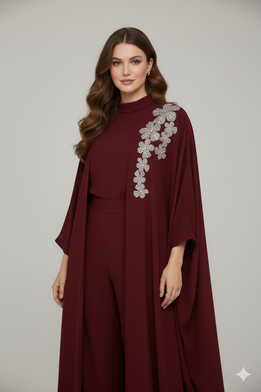 Silver Floral Embroidered Abaya 3 Pc Set