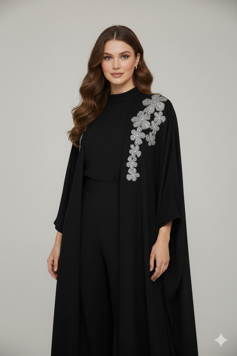 Silver Floral Embroidered Abaya 3 Pc Set