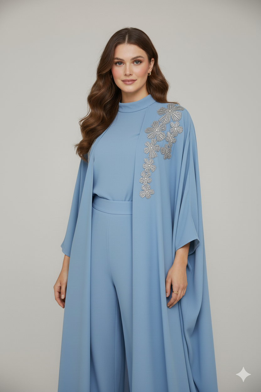 Silver Floral Embroidered Abaya 3 Pc Set