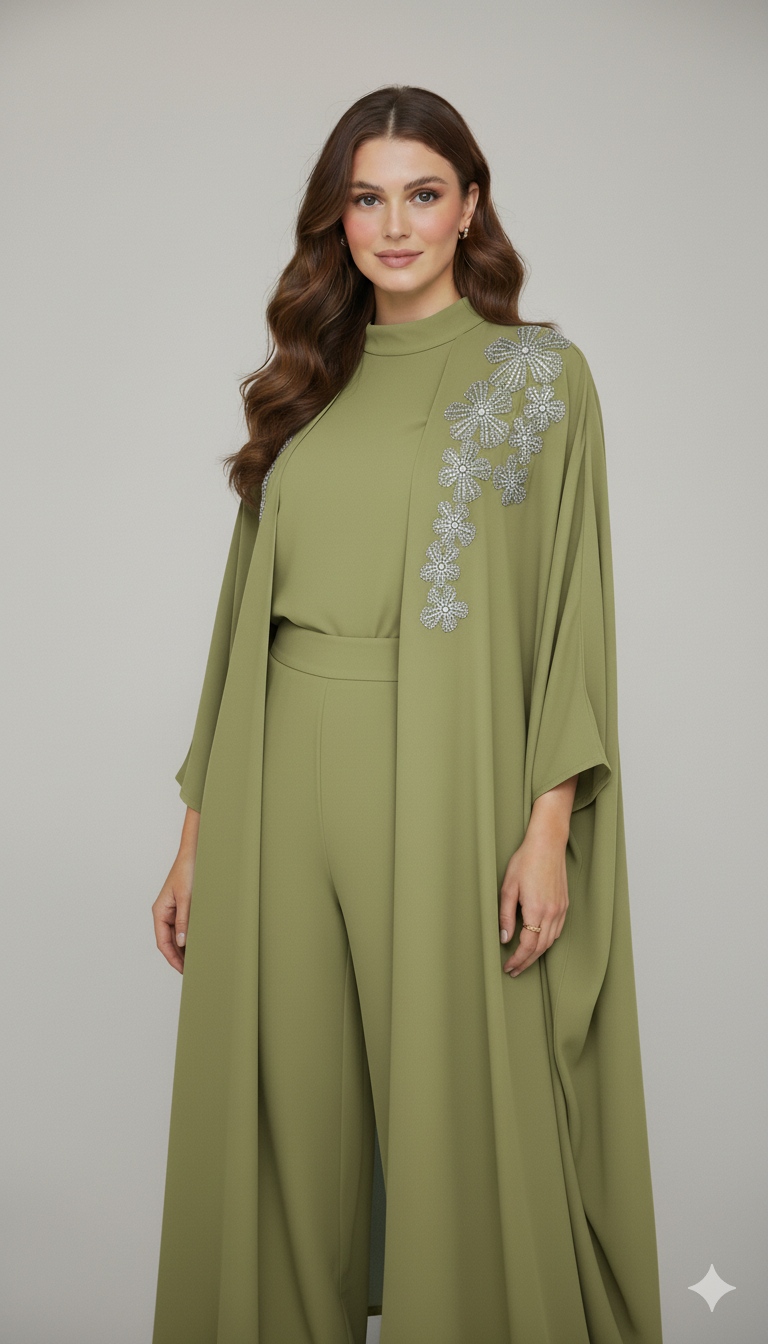 Silver Floral Embroidered Abaya 3 Pc Set