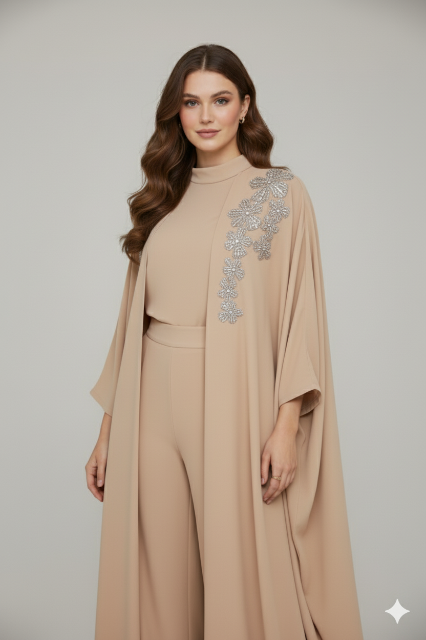 Silver Floral Embroidered Abaya 3 Pc Set